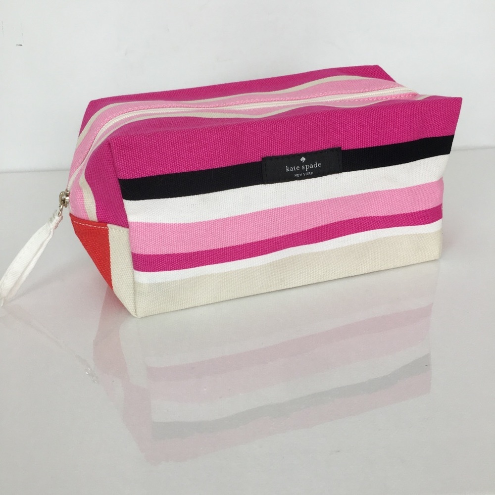 Kate Spade Pink Multi Striped Cosmetic Bag Makeup Zipper Bag Cotton Canvas NWOT